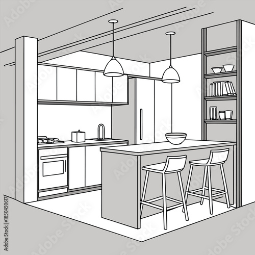 Modern Kitchen Interior Design Sketch with Island and Bar Stools.