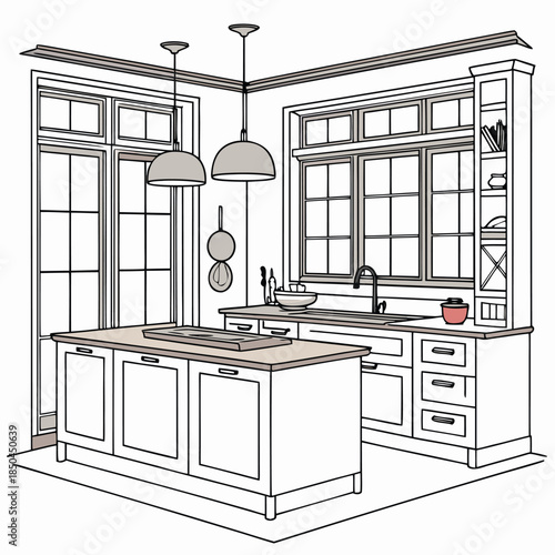 Modern Kitchen Island and Cabinetry Design Sketch.