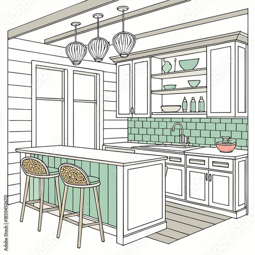 Modern Kitchen Island with Bar Stools and Cabinets.