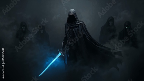 Mysterious Dark Figure with Glowing Sword Surrounded by Shadows