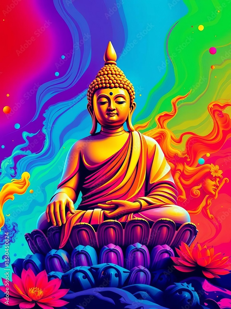 Obraz premium Vibrant, graphic Buddha figure, bold colors, iconic style, energetic composition, art, bold