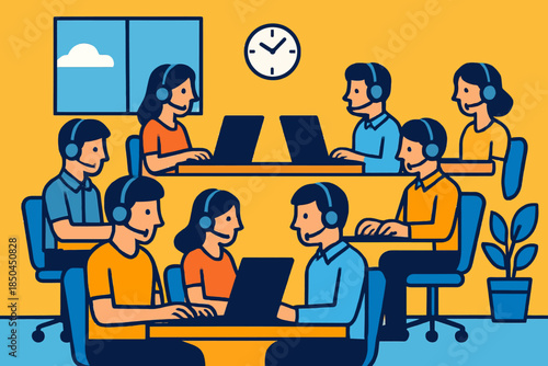 Diverse group of call center agents working collaboratively in an office setting.