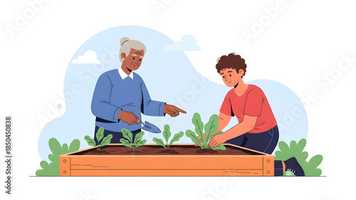 Grandmother teaching grandson how to plant vegetables in raised garden bed, intergenerational family hobby flat vector illustration