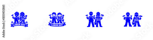 Blue Cartoon Workers with Tools for Labor Day Celebration
