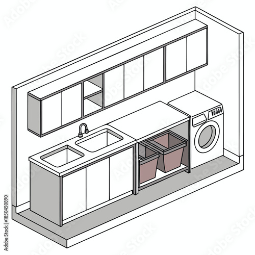 Modern Laundry Room with Double Sink and Washing Machine.