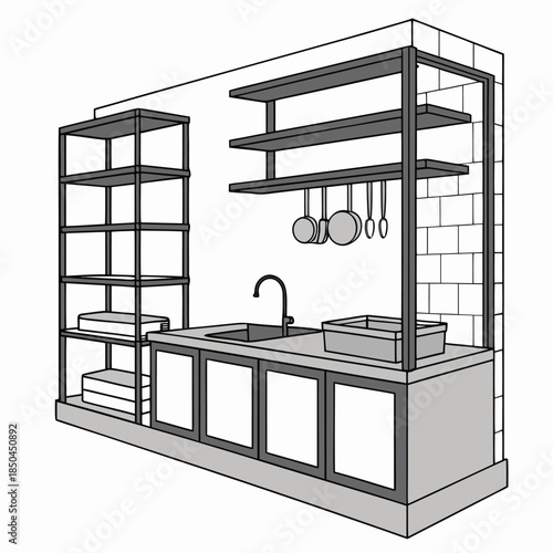 Modern Kitchenette with Stainless Steel Shelving and Sink.