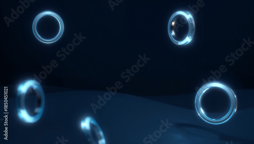 Abstract Floating Rings with Soft Blue Illumination in Dark Space