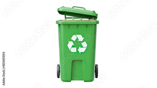 Green Recycling Bin with Open Lid on White Background