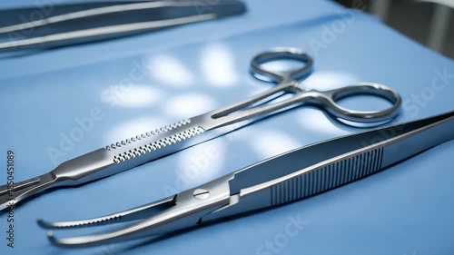 Surgical instruments including forceps and scalpel on blue surface in medical setting for operations