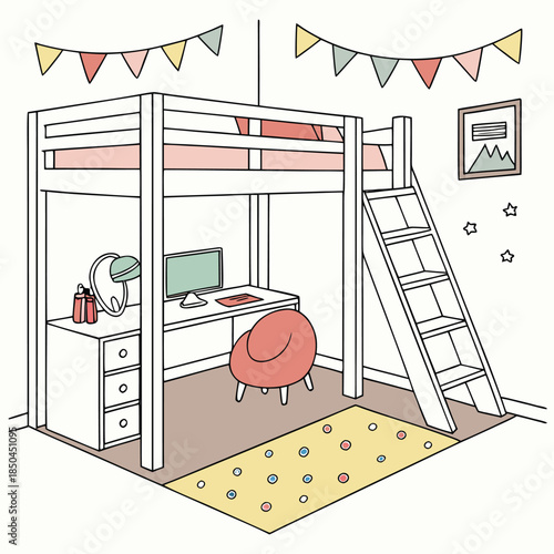 Modern Loft Bed with Desk and Chair for Kids Room.