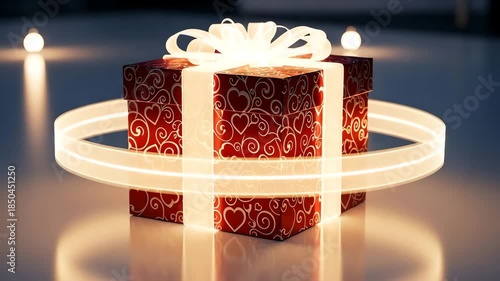A red gift box with white swirls and hearts is surrounded by a glowing light on a reflective surface with candles in the background for a romantic ambiance