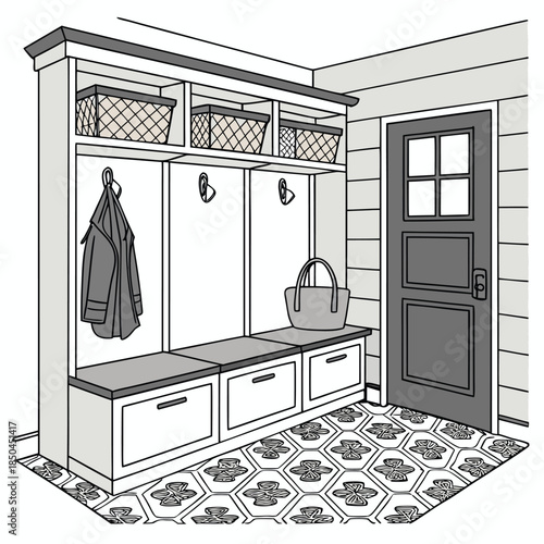 Mudroom entryway storage bench with coat hooks and baskets.