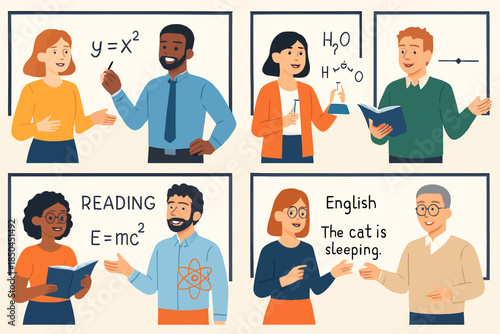 Diverse group of teachers in various educational settings.