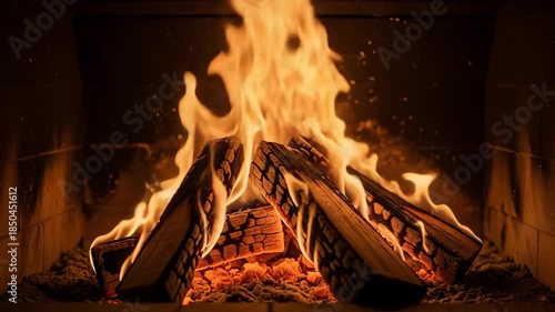 Warm and cozy fire burning in a fireplace with wooden logs