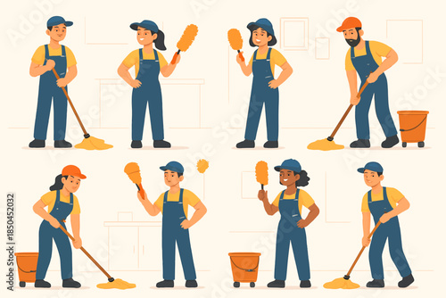 Diverse Group of Professional Cleaners Engaged in Various Cleaning Tasks.