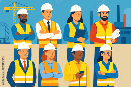 Diverse Group of Construction Workers and Engineers in Hard Hats and Safety Vests.