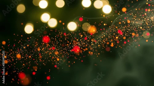 Festive background with colorful lights and particles on dark green
