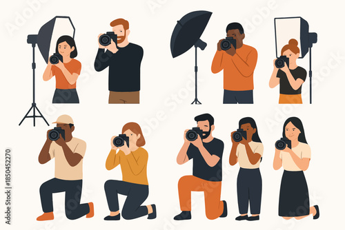 Diverse group of photographers capturing moments with cameras and studio lighting.