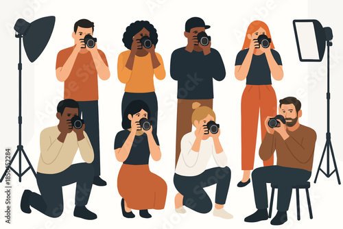 Diverse group of photographers capturing moments with their cameras in a studio setting.