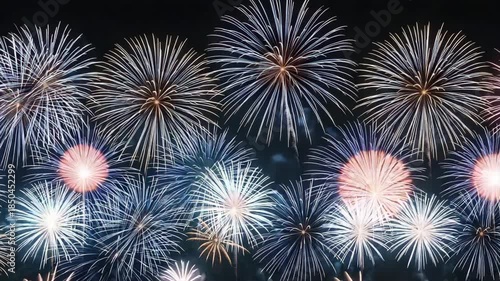 Vibrant fireworks exploding in the night sky with bright orange and white sparks