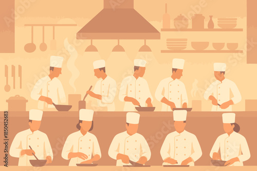 Group of chefs in a professional kitchen preparing food.