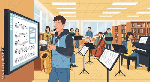 Young Man Playing Flute in Orchestra.