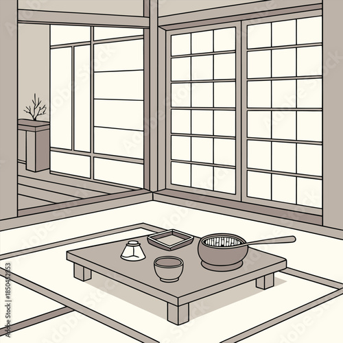 Traditional Japanese Tea Ceremony Setting with Table and Utensils.