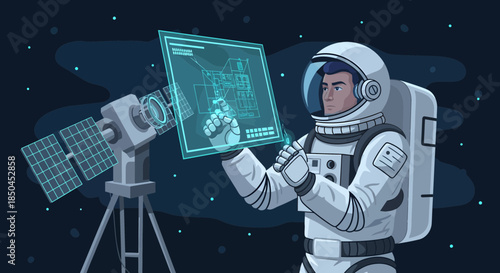 Astronaut Holding Digital Tablet in Space Suit.