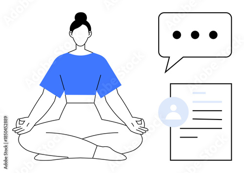 Mental wellness, communication, mindfulness, online networking, personal growth, digital identity. A person meditating with a chat bubble and a document. Mental wellness and communication concept