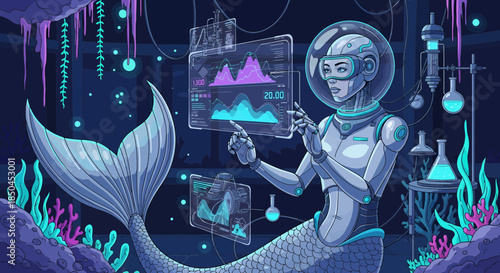 Futuristic Mermaid Scientist Analyzing Data.