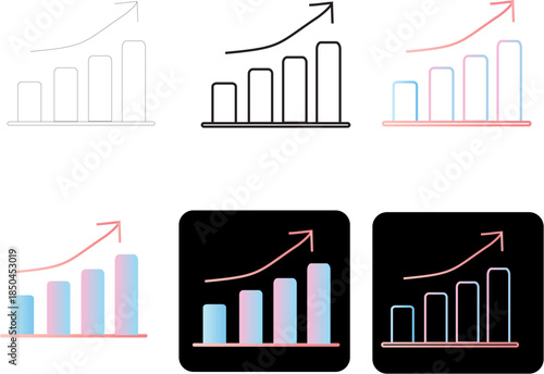 Minimalist bar chart icon set Upward arrow infographics for progress in presentations and reports