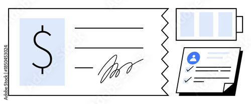 Signed check with dollar symbol, user profile with completed tasks, and progress indicator. Ideal for finance, banking, payroll, identity verification, transactions, documentation simple flat