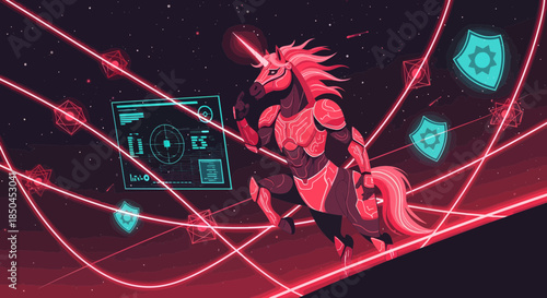 Futuristic Unicorn with Neon Lights and Symbols.