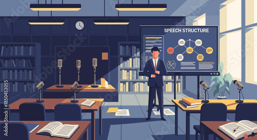 Male Teacher Standing Near Network Structure Display.