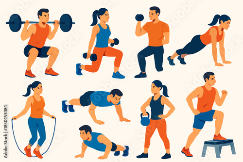 Diverse Group of People Engaged in Various Fitness Workouts and Exercises.