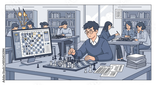 Man Playing Chess on Computer Screen.