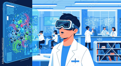 Scientist Wearing Virtual Reality Goggles in Lab.