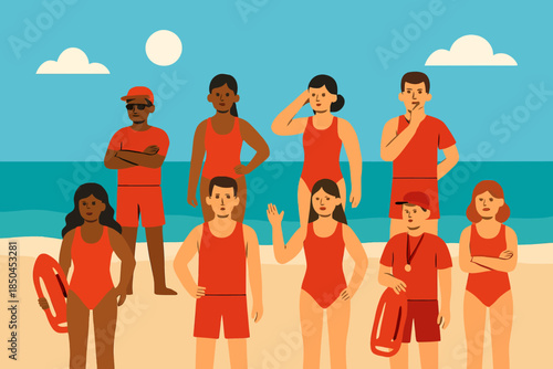 Diverse Group of Lifeguards Posing Confidently on a Sunny Beach.