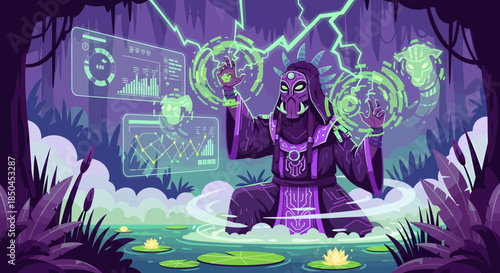 Woman Conjuring Magic with Glowing Orbs.