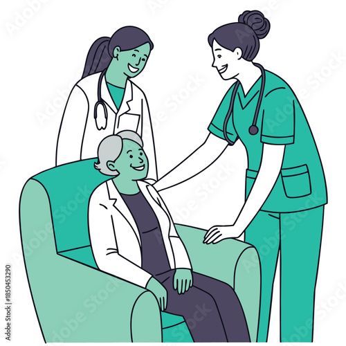 Two nurses caring for an elderly patient in a chair.
