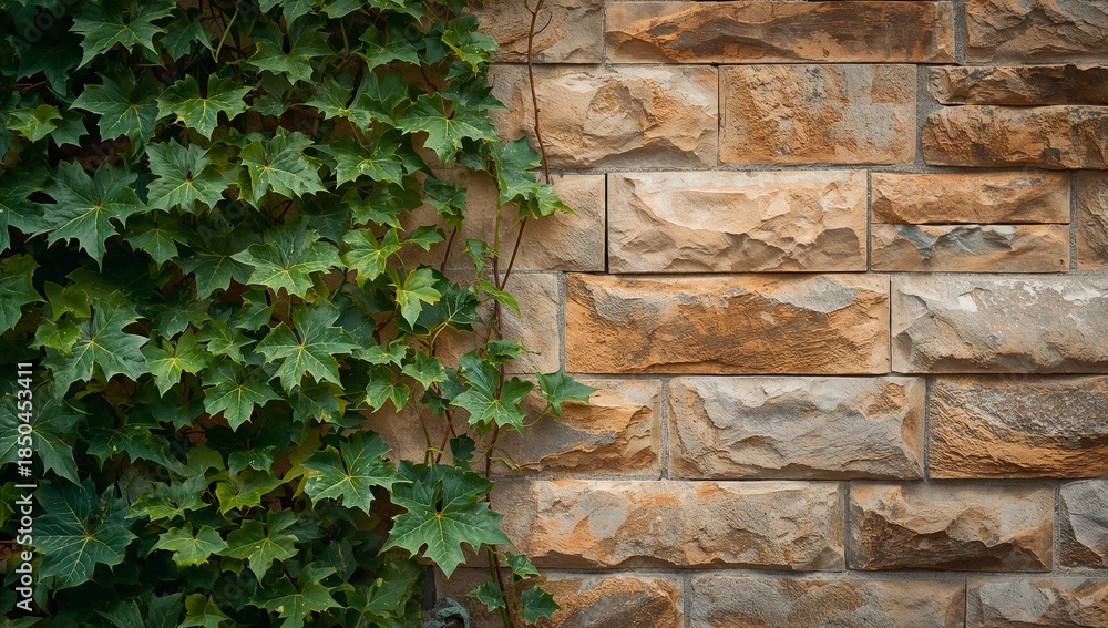 Obraz premium Elegant Ivy Climbing on Textured Stone Wall in Natural Light