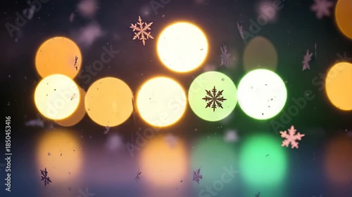 Snowflakes falling on colorful glowing bokeh lights in dark background with blur effect
