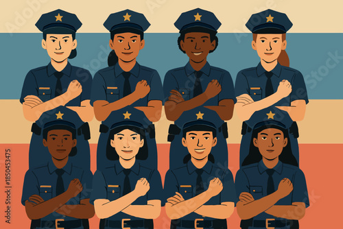 Diverse group of police officers standing together with arms crossed in solidarity.