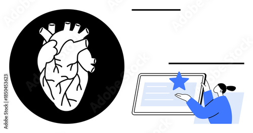 Healthcare technology, cardiovascular health, digital innovation, medical app usage, modern healthcare, user interface. Anatomical heart next to a person pointing at a screen. Healthcare technology