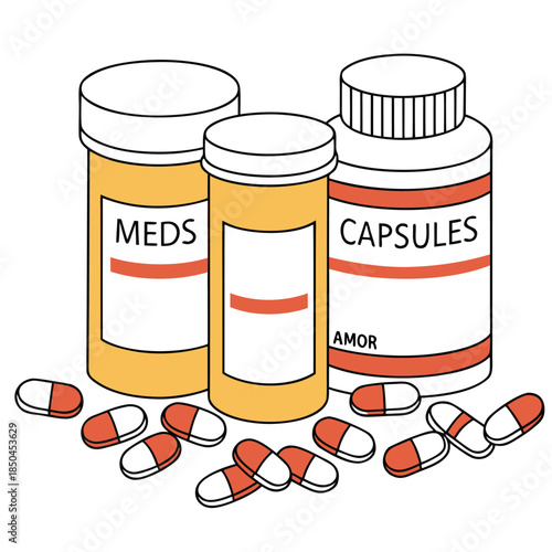 Various medicine bottles and capsules scattered around.