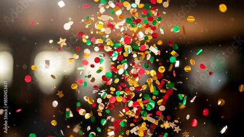 Colorful confetti and stars flying in the air on a dark background with blurred lights