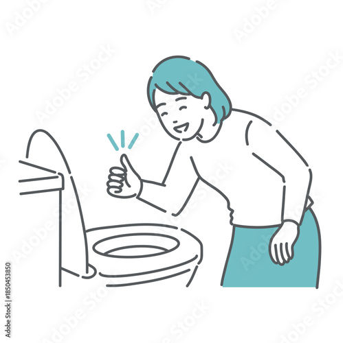 トイレチェックトイレで便の状態を確認してOKサインを出す女性のイラスト（腸活・便秘解消）