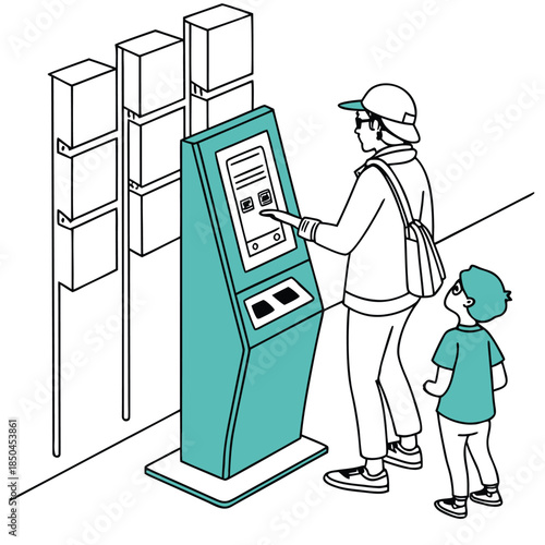 Woman and child interacting with a modern digital kiosk.