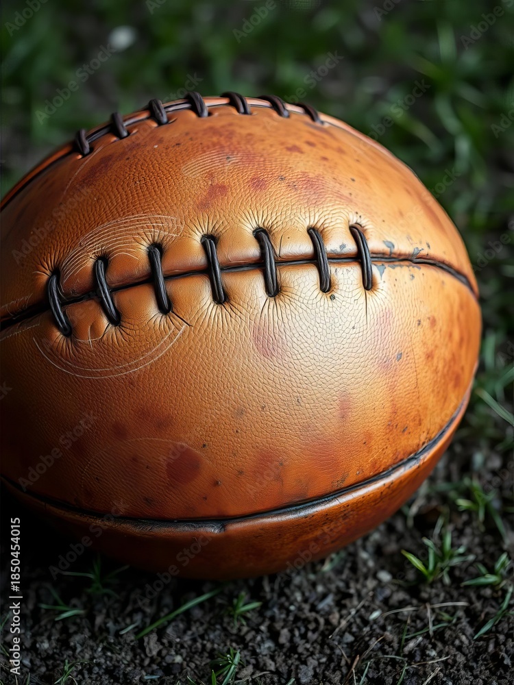 Obraz premium Aged leather football with worn seams and scuffs, hinting at past games, seams, worn texture