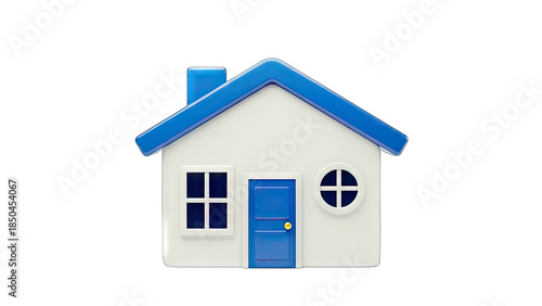 3D Rendered House with Blue Roof and Door on White Background